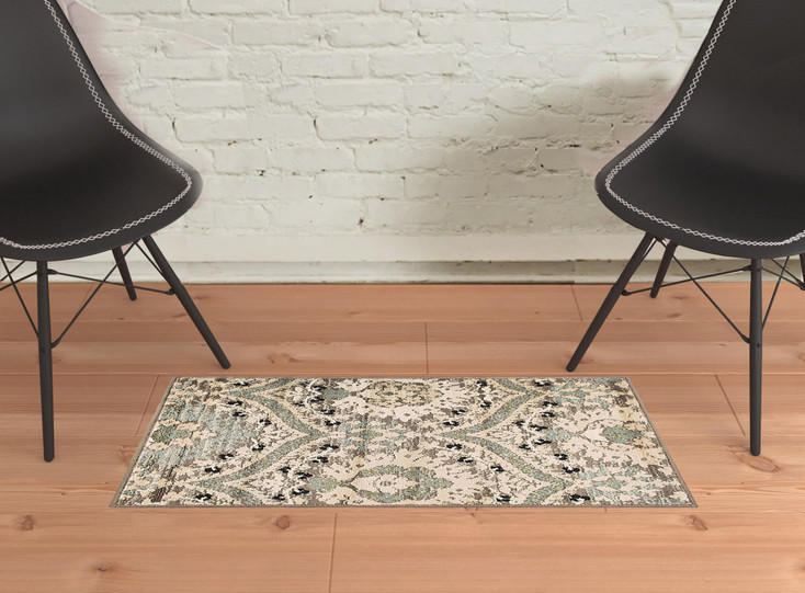 2' x 3' Ivory Beige and Light Blue Floral Stain Resistant Area Rug
