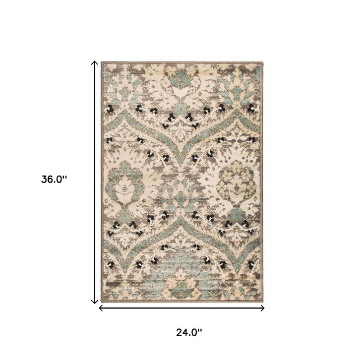 2' x 3' Ivory Beige and Light Blue Floral Stain Resistant Area Rug