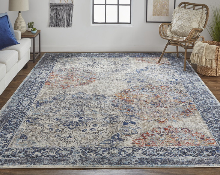 2' x 3' Blue Ivory and Red Floral Power Loom Distressed Stain Resistant Area Rug