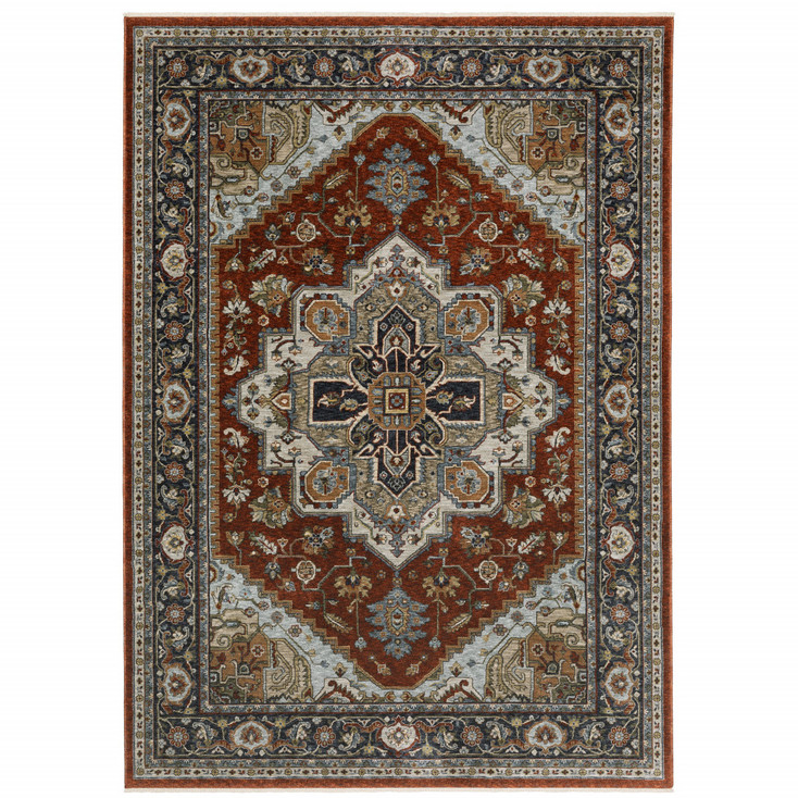 2' x 3' Blue Beige Grey Gold Green and Rust Red Oriental Power Loom Area Rug with Fringe