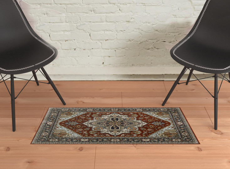 2' x 3' Blue Beige Grey Gold Green and Rust Red Oriental Power Loom Area Rug with Fringe
