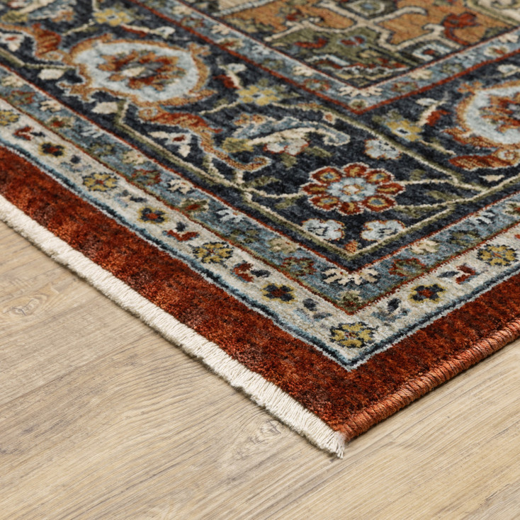 2' x 3' Blue Beige Grey Gold Green and Rust Red Oriental Power Loom Area Rug with Fringe