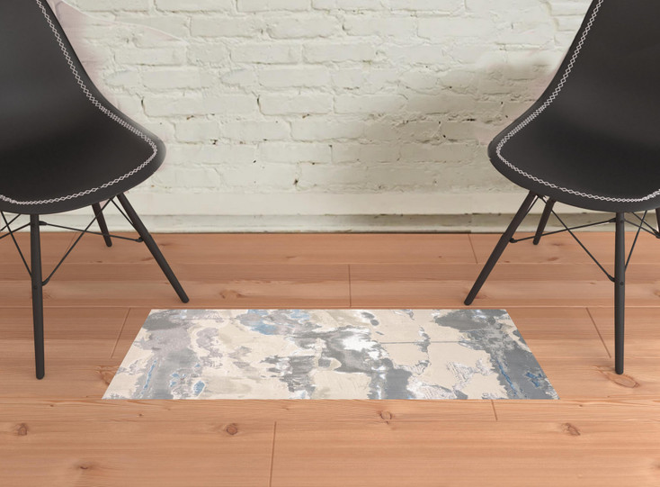 2' x 3' Ivory Gray and Blue Abstract Stain Resistant Area Rug