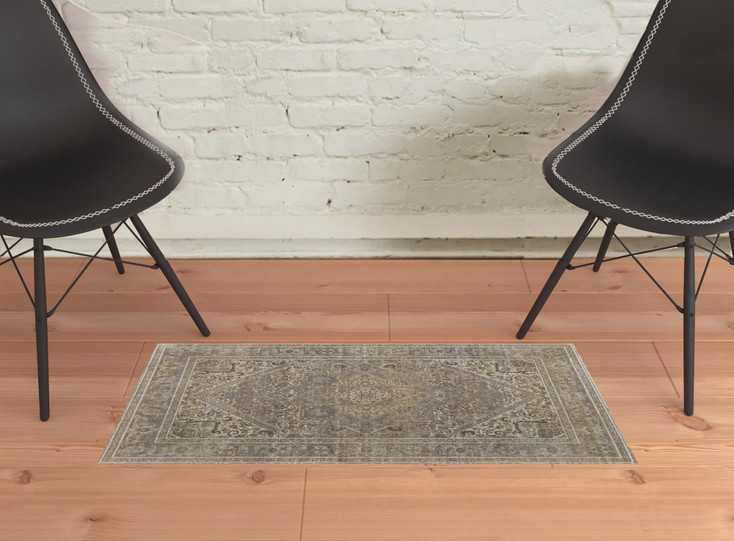 2' x 3' Tan Brown and Ivory Floral Power Loom Distressed Area Rug