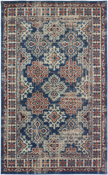 2' x 3' Blue Red and Ivory Abstract Power Loom Distressed Stain Resistant Area Rug