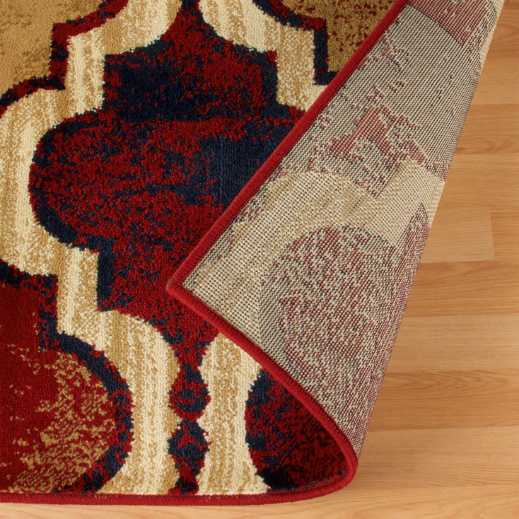 2' x 3' Red Blue Quatrefoil Power Loom Distressed Stain Resistant Area Rug