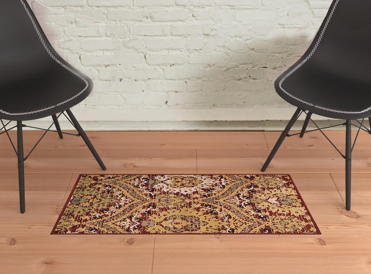2' x 3' Red Gold and Olive Floral Stain Resistant Area Rug