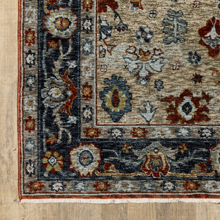 2' x 3' Blue Beige Tan Brown Gold and Rust Red Oriental Power Loom Area Rug with Fringe