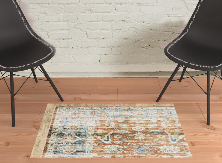 2' x 3' Rust Blue Ivory and Gold Oriental Printed Stain Resistant Non Skid Area Rug