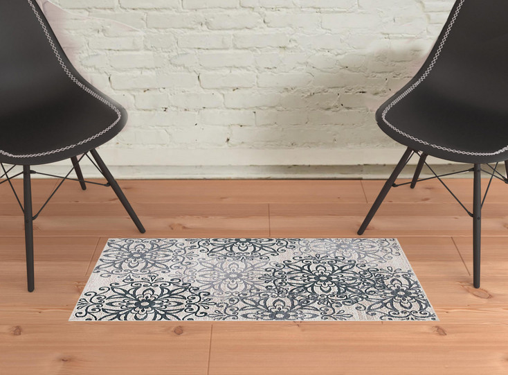 2' x 3' Oatmeal and Gray Medallion Power Loom Stain Resistant Area Rug