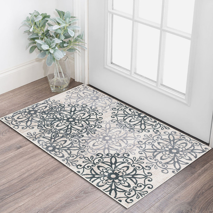 2' x 3' Oatmeal and Gray Medallion Power Loom Stain Resistant Area Rug