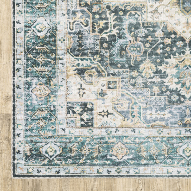 2' x 3' Blue Ivory Teal Brown and Gold Oriental Printed Stain Resistant Non Skid Area Rug