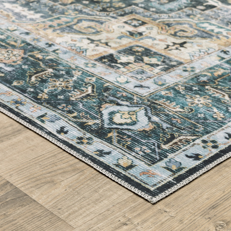 2' x 3' Blue Ivory Teal Brown and Gold Oriental Printed Stain Resistant Non Skid Area Rug