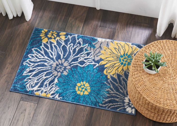 2' x 3' Blue Floral Power Loom Polypropylene  Area Rug