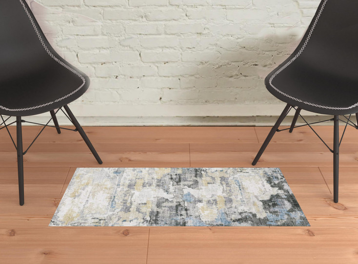 2' x 3' Gray & Ivory Abstract Printed Stain Resistant Non Skid Area Rug