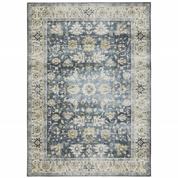 2' x 3' Blue and Ivory Oriental Printed Non Skid Area Rug