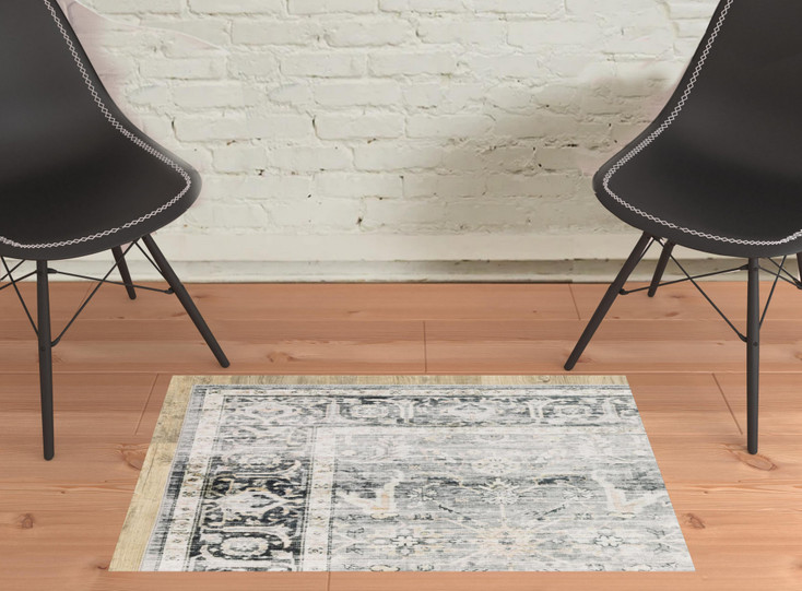 2' x 3' Charcoal Grey Salmon and Ivory Oriental Printed Stain Resistant Non Skid Area Rug