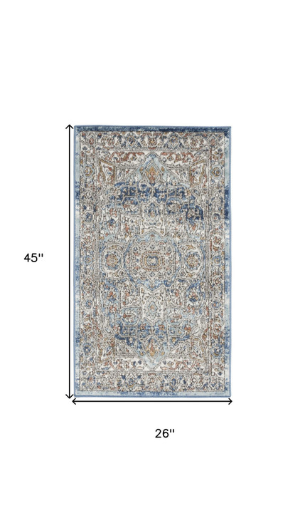 2' x 4' Ivory and Blue Oriental Power Loom Non Skid Area Rug