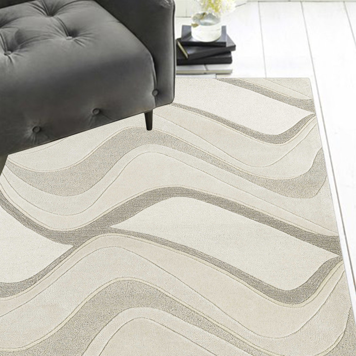 2' x 4' Ivory Hand Tufted Abstract Waves Indoor Accent Rug