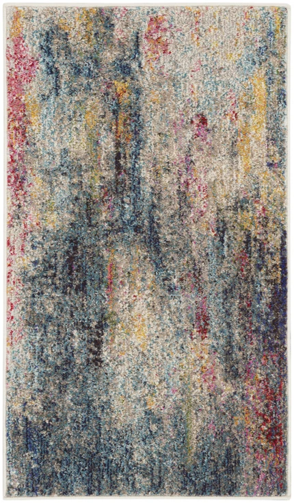 2' x 4' Blue and Beige Abstract Power Loom Non Skid Area Rug