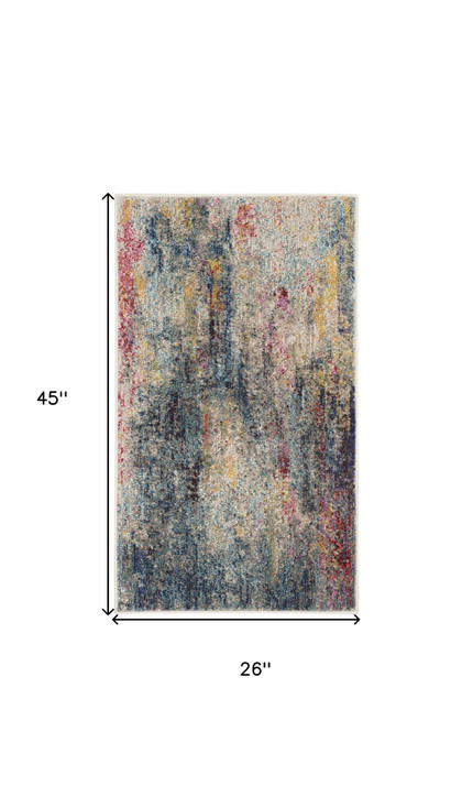 2' x 4' Blue and Beige Abstract Power Loom Non Skid Area Rug