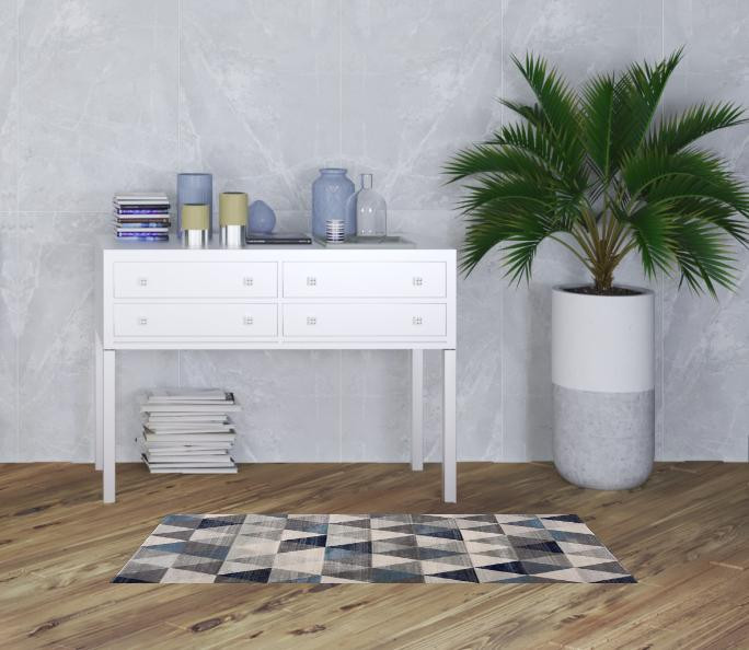 2' x 5' Navy Blue Geometric Diamond Area Rug