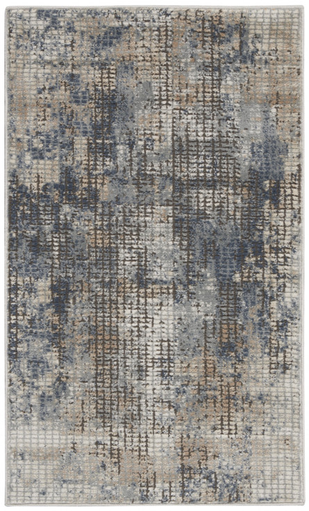 2' x 4' Blue and Beige Abstract Power Loom Distressed Non Skid Area Rug