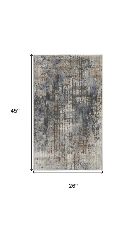 2' x 4' Blue and Beige Abstract Power Loom Distressed Non Skid Area Rug