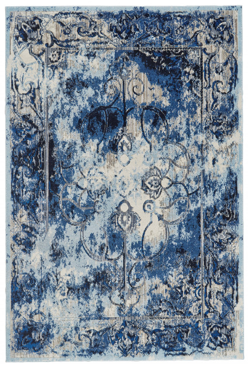 2' x 4' Blue Ivory and Gray Floral Distressed Stain Resistant Area Rug
