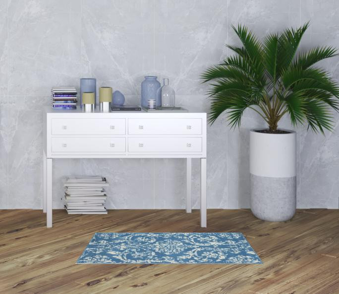 2' x 4' Blue Damask Power Loom Area Rug