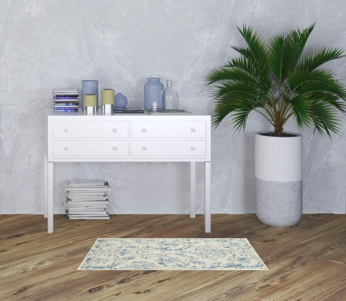 2' x 4' Cream Damask Power Loom Area Rug