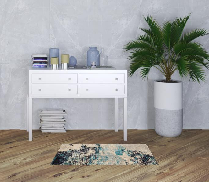 2' x 4' Ivory and Teal Blue Abstract Power Loom Non Skid Area Rug