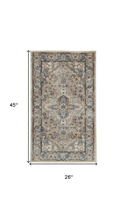 2' x 4' Beige and Grey Oriental Power Loom Non Skid Area Rug