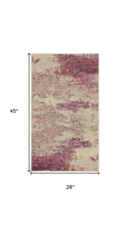 2' x 4' Ivory and Pink Abstract Power Loom Non Skid Area Rug