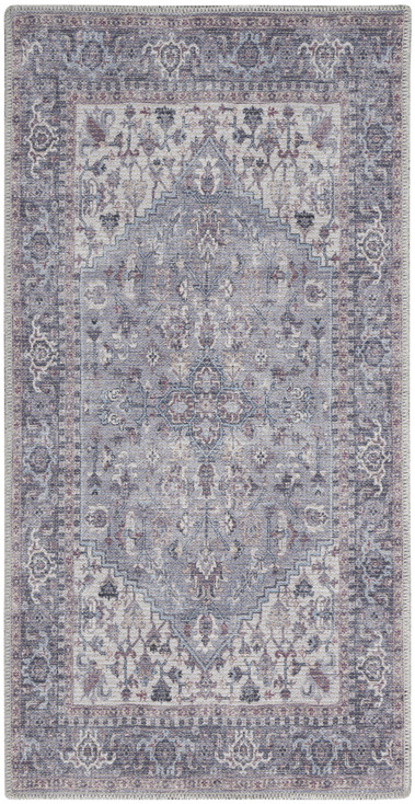 2' x 4' Grey Oriental Power Loom Distressed Washable Area Rug
