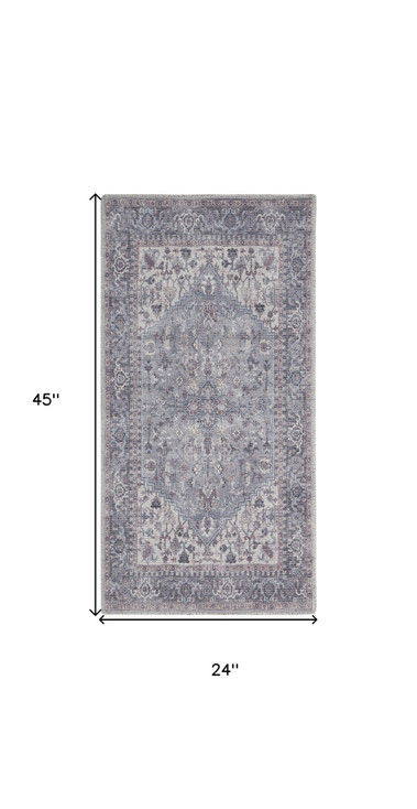 2' x 4' Grey Oriental Power Loom Distressed Washable Area Rug