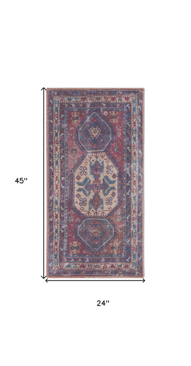 2' x 4' Red and Navy Oriental Power Loom Distressed Washable Area Rug