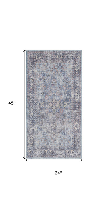 2' x 4' Light Grey and Blue Oriental Power Loom Distressed Washable Area Rug