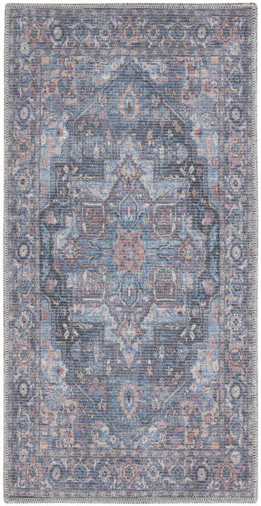 2' x 4' Light Blue Oriental Power Loom Distressed Washable Area Rug