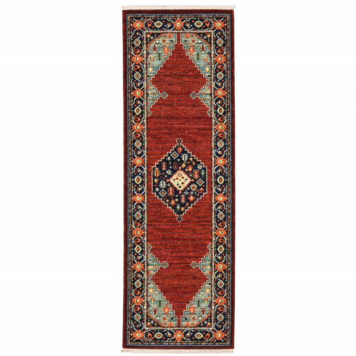 2' x 6' Red Blue Orange and Ivory Oriental Power Loom Runner Rug with Fringe