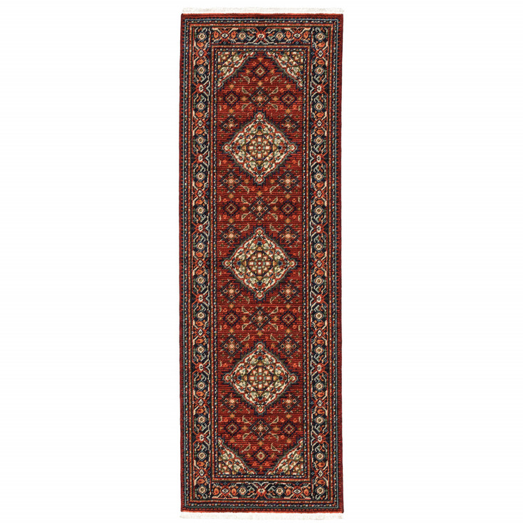 2' x 6' Red Blue Ivory and Orange Oriental Power Loom Runner Rug with Fringe
