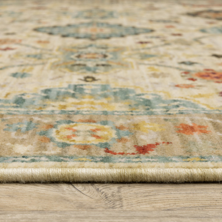 2' x 6' Beige Pale Blue Rust Gold Tan Brown and Orange Oriental Power Loom Runner Rug