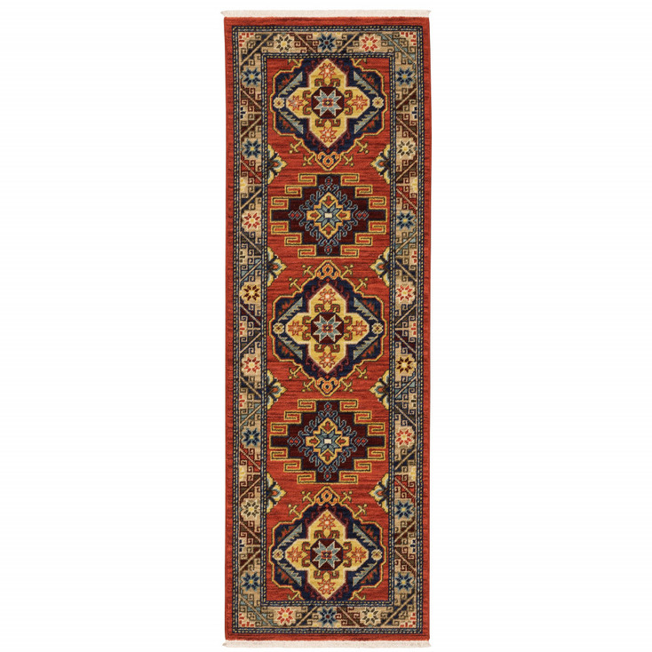 2' x 6' Red Gold Blue Brown Oriental Power Loom Runner Rug with Fringe