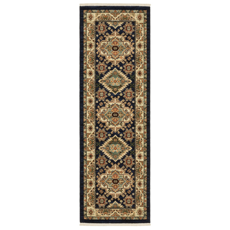2' x 6' Navy Charcoal Orange Rust Gold Pale Blue Olive Beige & Salmon Oriental Power Loom Rug