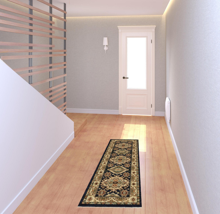 2' x 6' Navy Charcoal Orange Rust Gold Pale Blue Olive Beige & Salmon Oriental Power Loom Rug