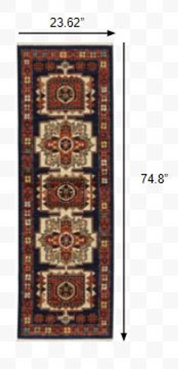 2' x 6' Red Blue Machine Woven Oriental Indoor Runner Rug