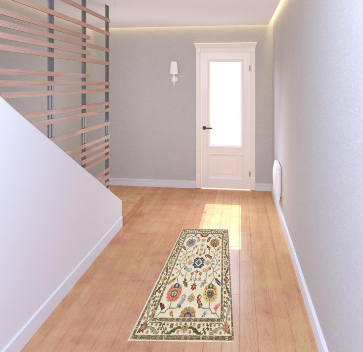 2' x 6' Ivory Green Blues Pink Yellow Rust Brown Tan & Grey Oriental Power Loom Runner Rug