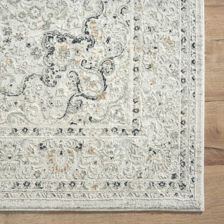 2' x 6' Ivory and Gray Floral Medallion Power Loom Stain Resistant Area Rug