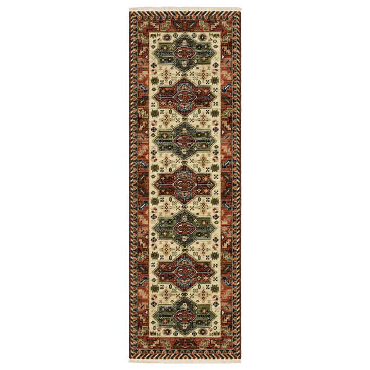 2' x 6' Brick Red Orange Rust Beige Gold Pale Blue Olive Navy & Black Oriental Power Loom Rug