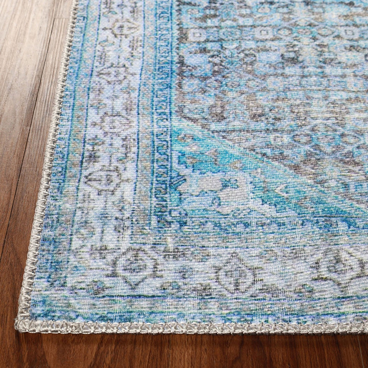 2' x 6' Shades Of Azure Oriental Power Loom Stain Resistant Runner Rug